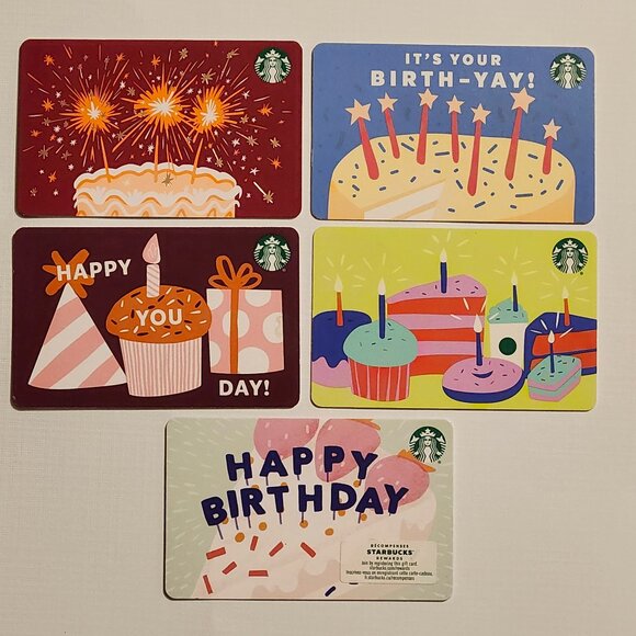 FUN STARBUCKS HAPPY BIRTHDAY Themed Gift Cards CELEBRATION CAKE Lot 5 Cards - Picture 1 of 2